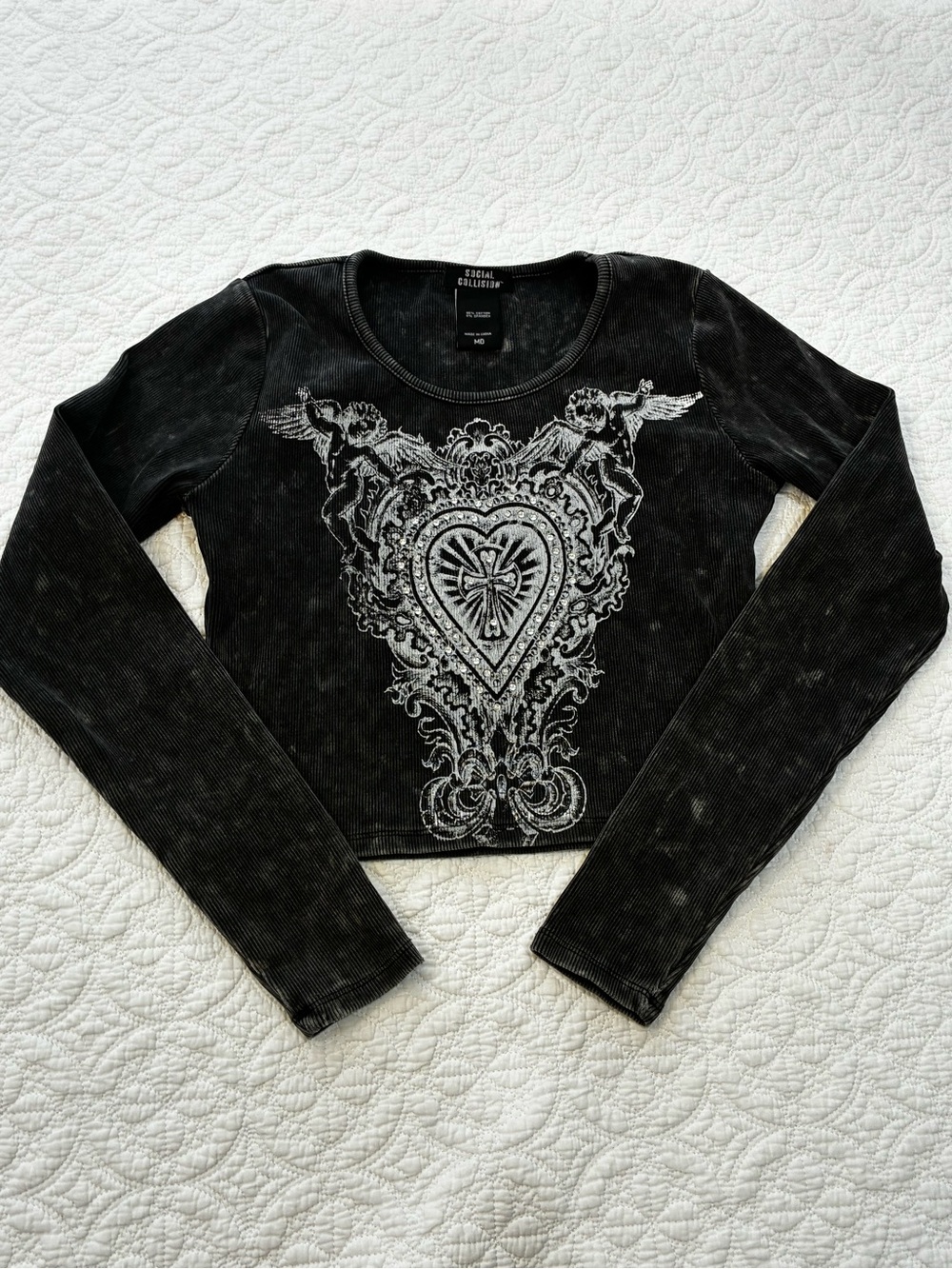 Whimsigoth Y2K Social Collision Crop Acid Wash Cherub Heart Long Sleeve Medium